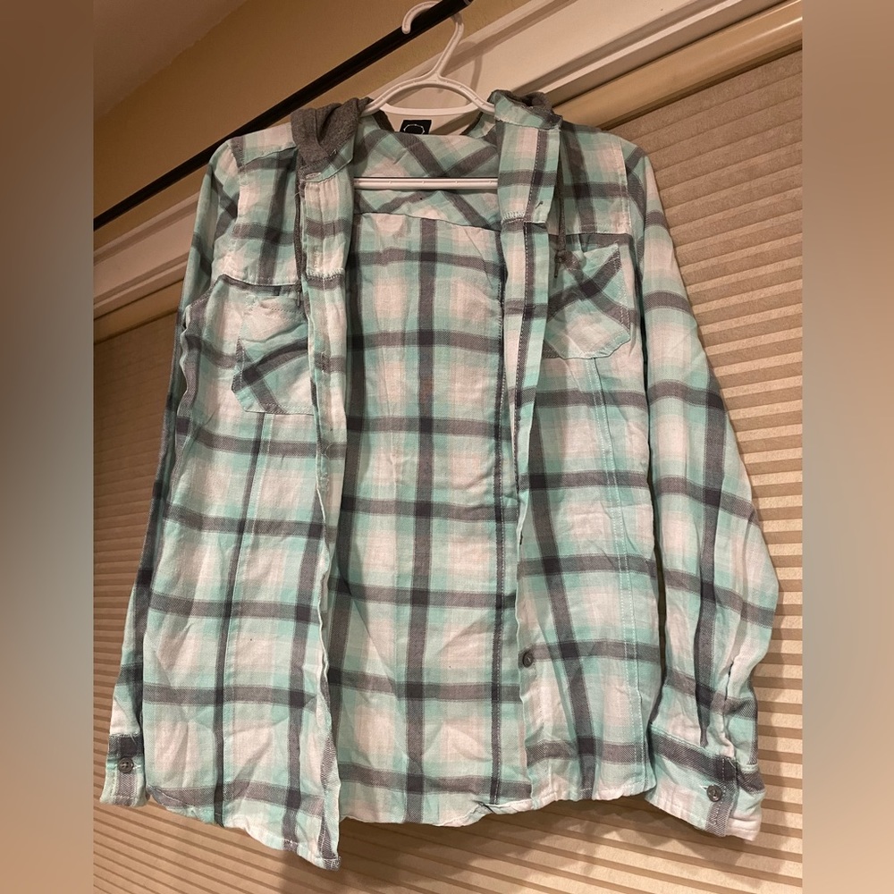 Turquoise plaid button up with hood